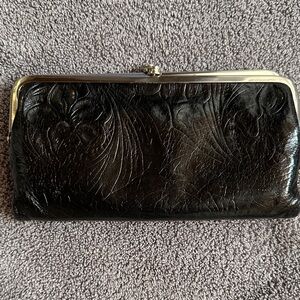HOBO Lauren Clutch Wallet Black Embossed Floral Print